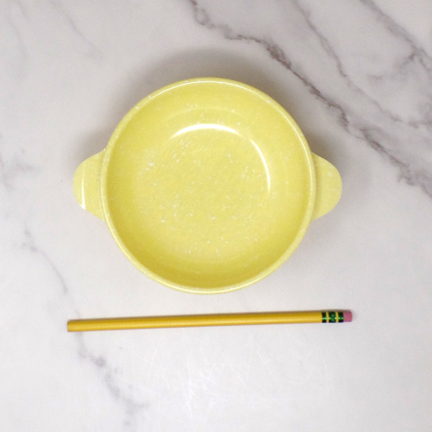 Vintage Joan Luntz Gaiety Melmac / Melamine 5-1/2” Handled Bowl, Speckled Yellow - set of 3 (1950s)