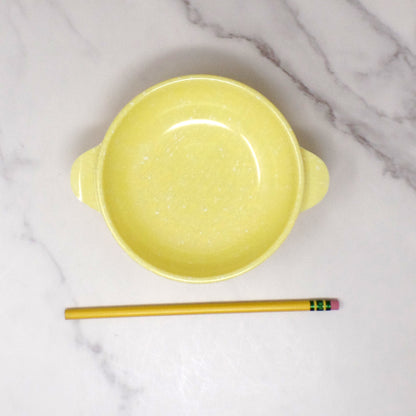 Vintage Joan Luntz Gaiety Melmac / Melamine 5-1/2” Handled Bowl, Speckled Yellow - set of 3 (1950s)
