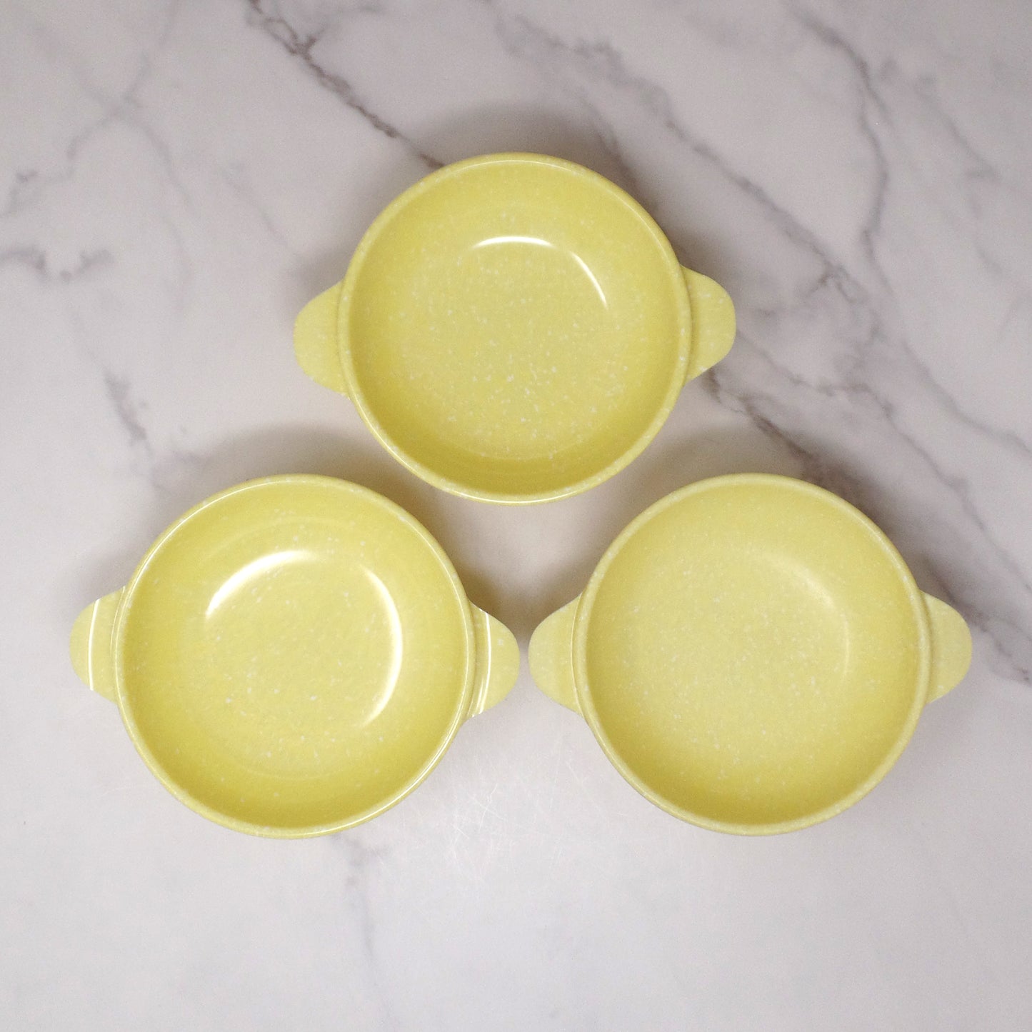 Vintage Joan Luntz Gaiety Melmac / Melamine 5-1/2” Handled Bowl, Speckled Yellow - set of 3 (1950s)