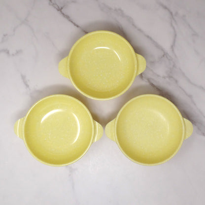 Vintage Joan Luntz Gaiety Melmac / Melamine 5-1/2” Handled Bowl, Speckled Yellow - set of 3 (1950s)