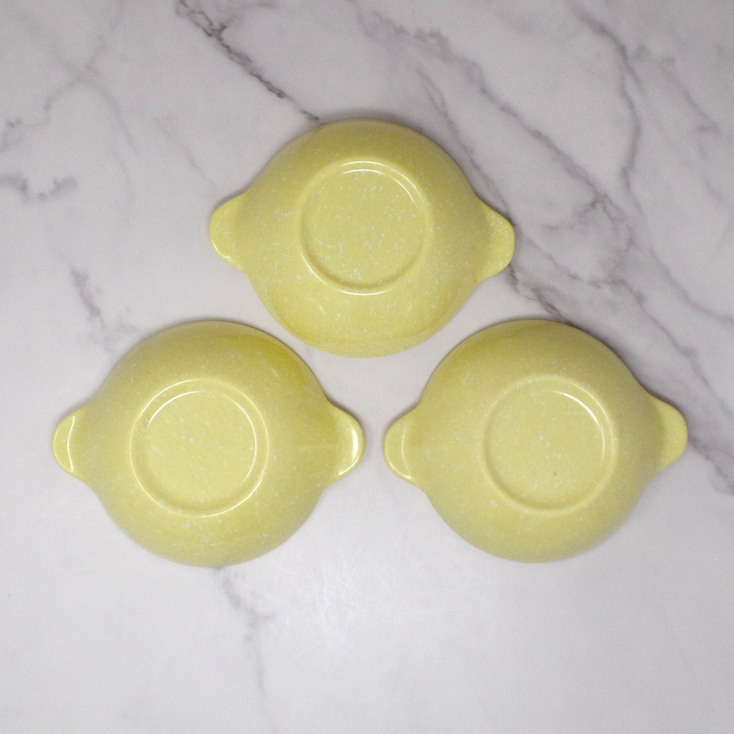Vintage Joan Luntz Gaiety Melmac / Melamine 5-1/2” Handled Bowl, Speckled Yellow - set of 3 (1950s)
