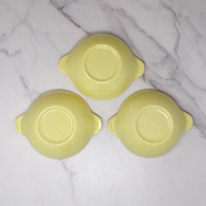 Vintage Joan Luntz Gaiety Melmac / Melamine 5-1/2” Handled Bowl, Speckled Yellow - set of 3 (1950s)