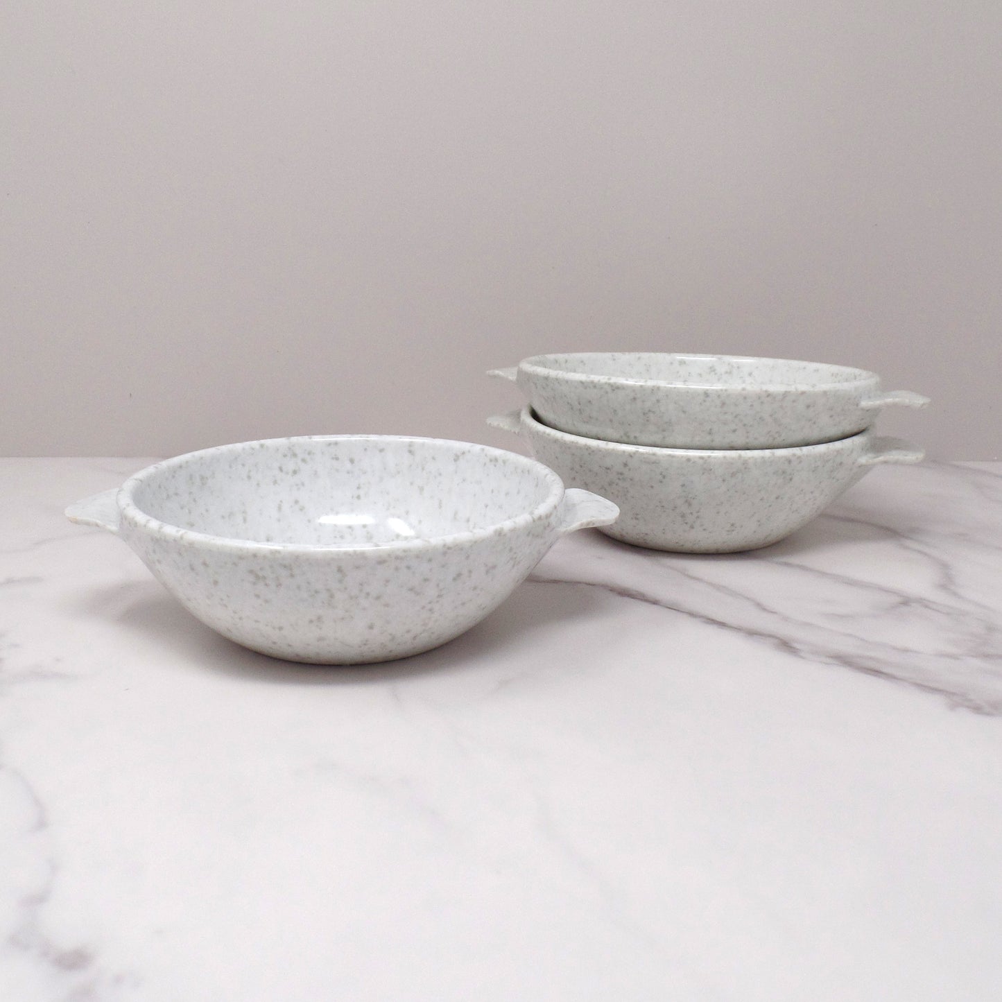 Vintage Joan Luntz Gaiety Melmac / Melamine 5-1/2” Handled Bowl, Speckled White and Gray - set of 3 (1950s)