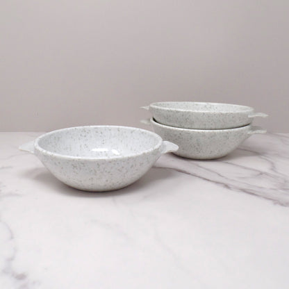 Vintage Joan Luntz Gaiety Melmac / Melamine 5-1/2” Handled Bowl, Speckled White and Gray - set of 3 (1950s)