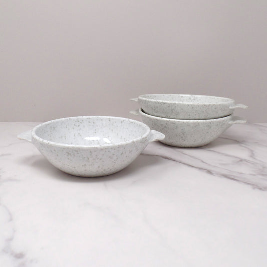 Vintage Joan Luntz Gaiety Melmac / Melamine 5-1/2” Handled Bowl, Speckled White and Gray - set of 3 (1950s)