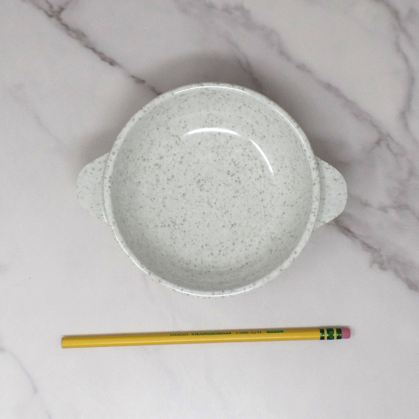 Vintage Joan Luntz Gaiety Melmac / Melamine 5-1/2” Handled Bowl, Speckled White and Gray - set of 3 (1950s)