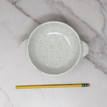 Vintage Joan Luntz Gaiety Melmac / Melamine 5-1/2” Handled Bowl, Speckled White and Gray - set of 3 (1950s)