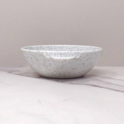 Vintage Joan Luntz Gaiety Melmac / Melamine 5-1/2” Handled Bowl, Speckled White and Gray - set of 3 (1950s)