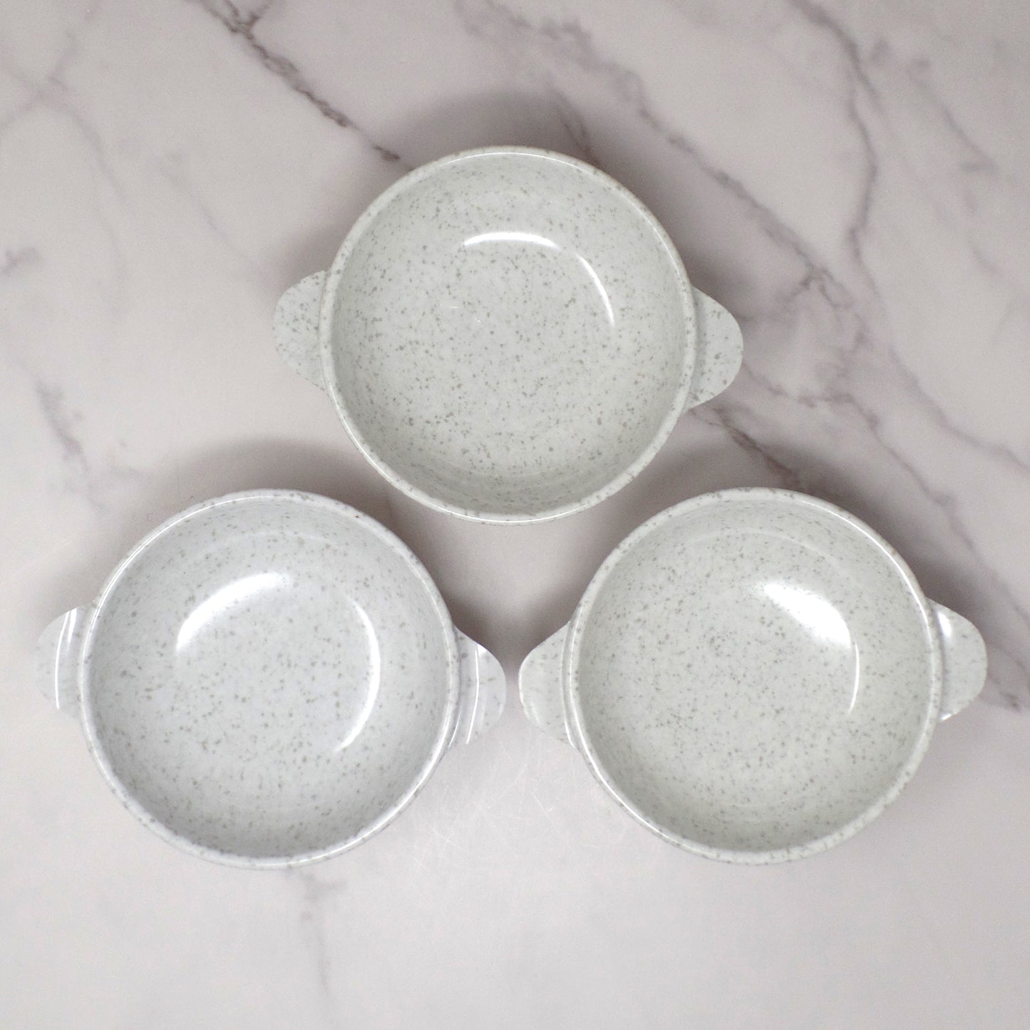 Vintage Joan Luntz Gaiety Melmac / Melamine 5-1/2” Handled Bowl, Speckled White and Gray - set of 3 (1950s)