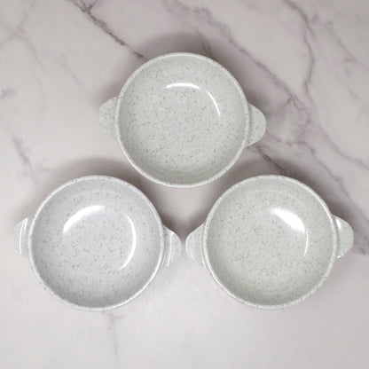 Vintage Joan Luntz Gaiety Melmac / Melamine 5-1/2” Handled Bowl, Speckled White and Gray - set of 3 (1950s)