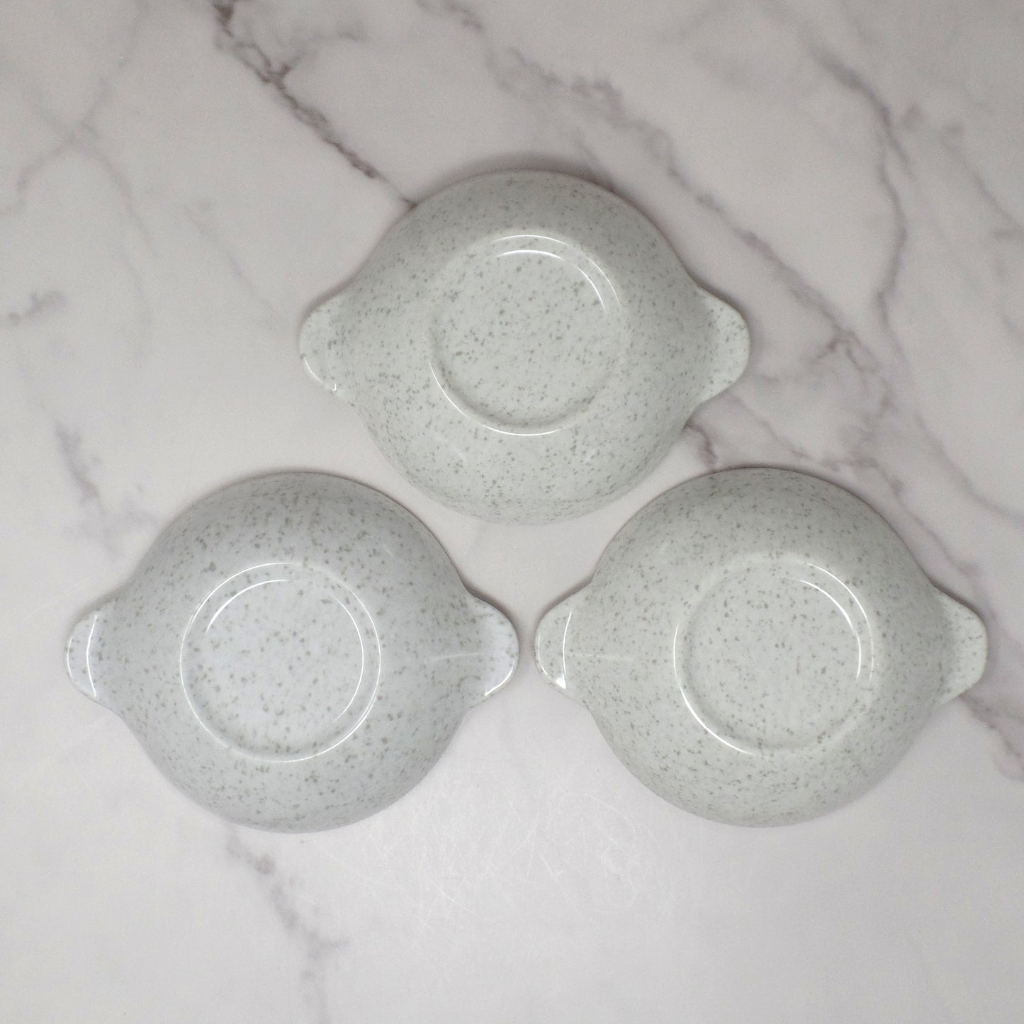 Vintage Joan Luntz Gaiety Melmac / Melamine 5-1/2” Handled Bowl, Speckled White and Gray - set of 3 (1950s)