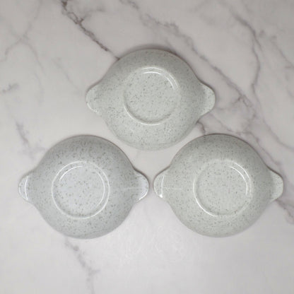 Vintage Joan Luntz Gaiety Melmac / Melamine 5-1/2” Handled Bowl, Speckled White and Gray - set of 3 (1950s)