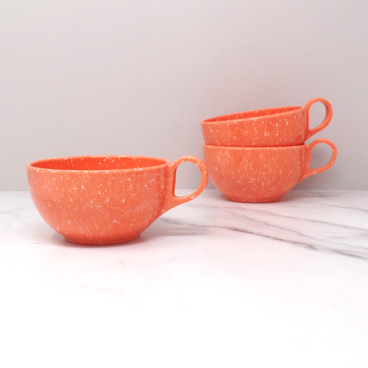Vintage Joan Luntz Gaiety Melmac / Melamine 8 oz Coffee / Tea Cups, Speckled Coral - set of 3 (1950s)