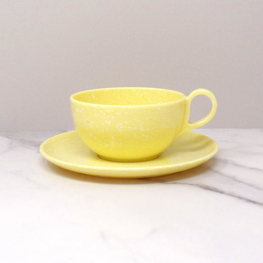 Vintage Joan Luntz Gaiety Melmac / Melamine Cup and Saucer, Speckled Yellow 1950s