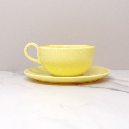 Vintage Joan Luntz Gaiety Melmac / Melamine Cup and Saucer, Speckled Yellow 1950s
