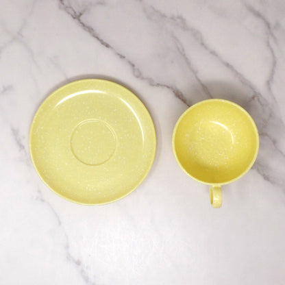 Vintage Joan Luntz Gaiety Melmac / Melamine Cup and Saucer, Speckled Yellow 1950s