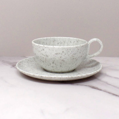 Vintage Joan Luntz Gaiety Melmac / Melamine Cup and Saucer, Speckled White & Gray (1950s)