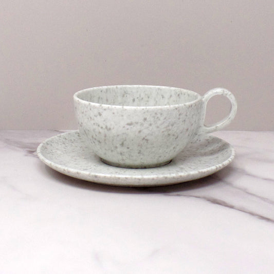 Vintage Joan Luntz Gaiety Melmac / Melamine Cup and Saucer, Speckled White & Gray (1950s)