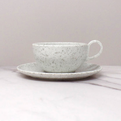 Vintage Joan Luntz Gaiety Melmac / Melamine Cup and Saucer, Speckled White & Gray (1950s)