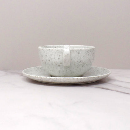 Vintage Joan Luntz Gaiety Melmac / Melamine Cup and Saucer, Speckled White & Gray (1950s)