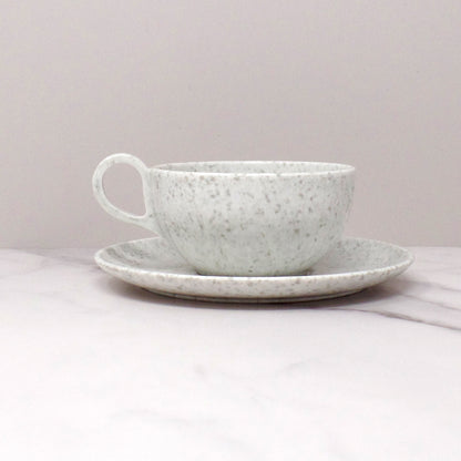 Vintage Joan Luntz Gaiety Melmac / Melamine Cup and Saucer, Speckled White & Gray (1950s)