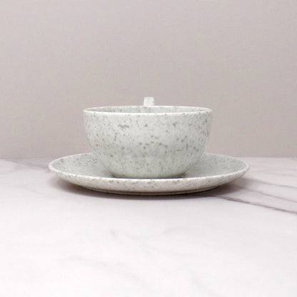 Vintage Joan Luntz Gaiety Melmac / Melamine Cup and Saucer, Speckled White & Gray (1950s)