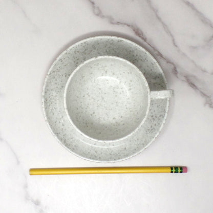 Vintage Joan Luntz Gaiety Melmac / Melamine Cup and Saucer, Speckled White & Gray (1950s)
