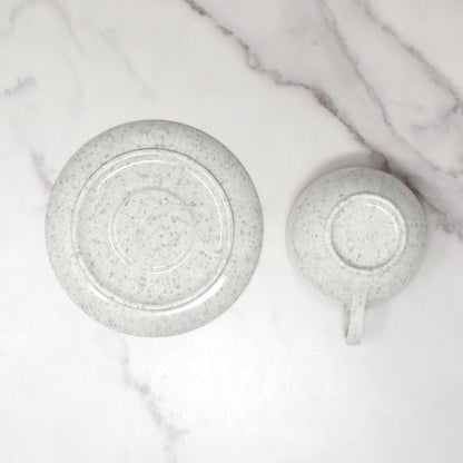 Vintage Joan Luntz Gaiety Melmac / Melamine Cup and Saucer, Speckled White & Gray (1950s)