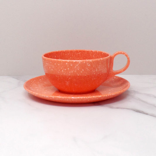 Vintage Joan Luntz Gaiety Melmac / Melamine Cup and Saucer, Speckled Coral (1950s)