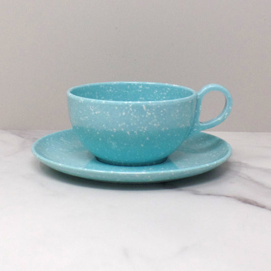 Vintage Joan Luntz Gaiety Melmac / Melamine Cup and Saucer, Speckled Turquoise (1950s)
