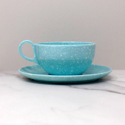 Vintage Joan Luntz Gaiety Melmac / Melamine Cup and Saucer, Speckled Turquoise (1950s)
