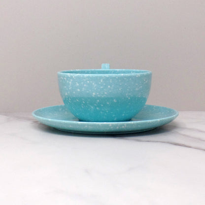 Vintage Joan Luntz Gaiety Melmac / Melamine Cup and Saucer, Speckled Turquoise (1950s)