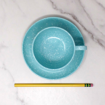 Vintage Joan Luntz Gaiety Melmac / Melamine Cup and Saucer, Speckled Turquoise (1950s)