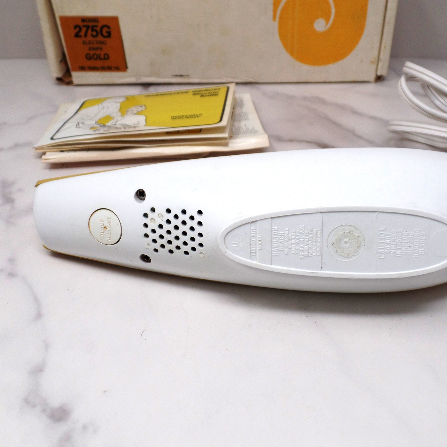 Vintage Hamilton Beach Scovill Electric Knife, Gold 275-G, with Original Box & Documents (1979)