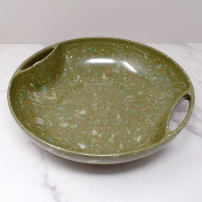 Vintage Aztec Melmac Round Handled Salad Serving Bowl, Olive Green Confetti (1960s)