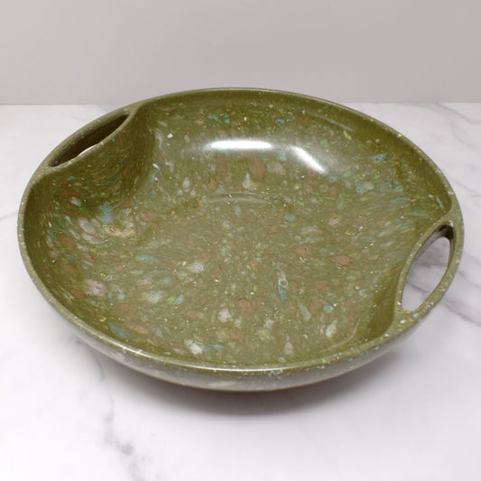 Vintage Aztec Melmac Round Handled Salad Serving Bowl, Olive Green Confetti (1960s)