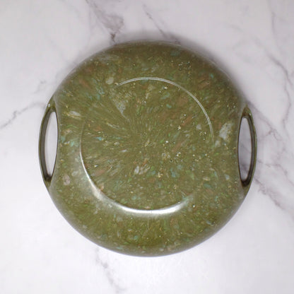 Vintage Aztec Melmac Round Handled Salad Serving Bowl, Olive Green Confetti (1960s)