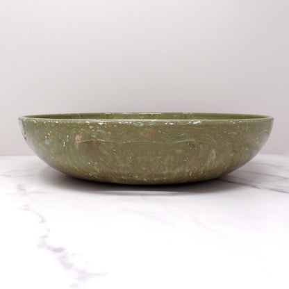 Vintage Aztec Melmac Round Handled Salad Serving Bowl, Olive Green Confetti (1960s)