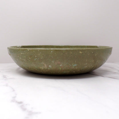 Vintage Aztec Melmac Round Handled Salad Serving Bowl, Olive Green Confetti (1960s)