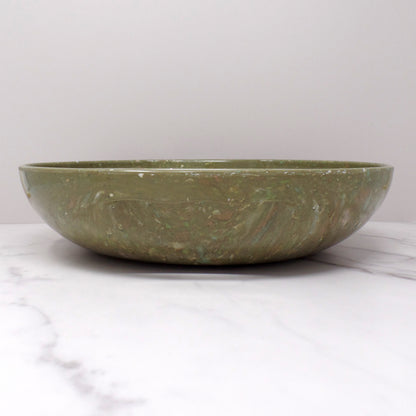 Vintage Aztec Melmac Round Handled Salad Serving Bowl, Olive Green Confetti (1960s)