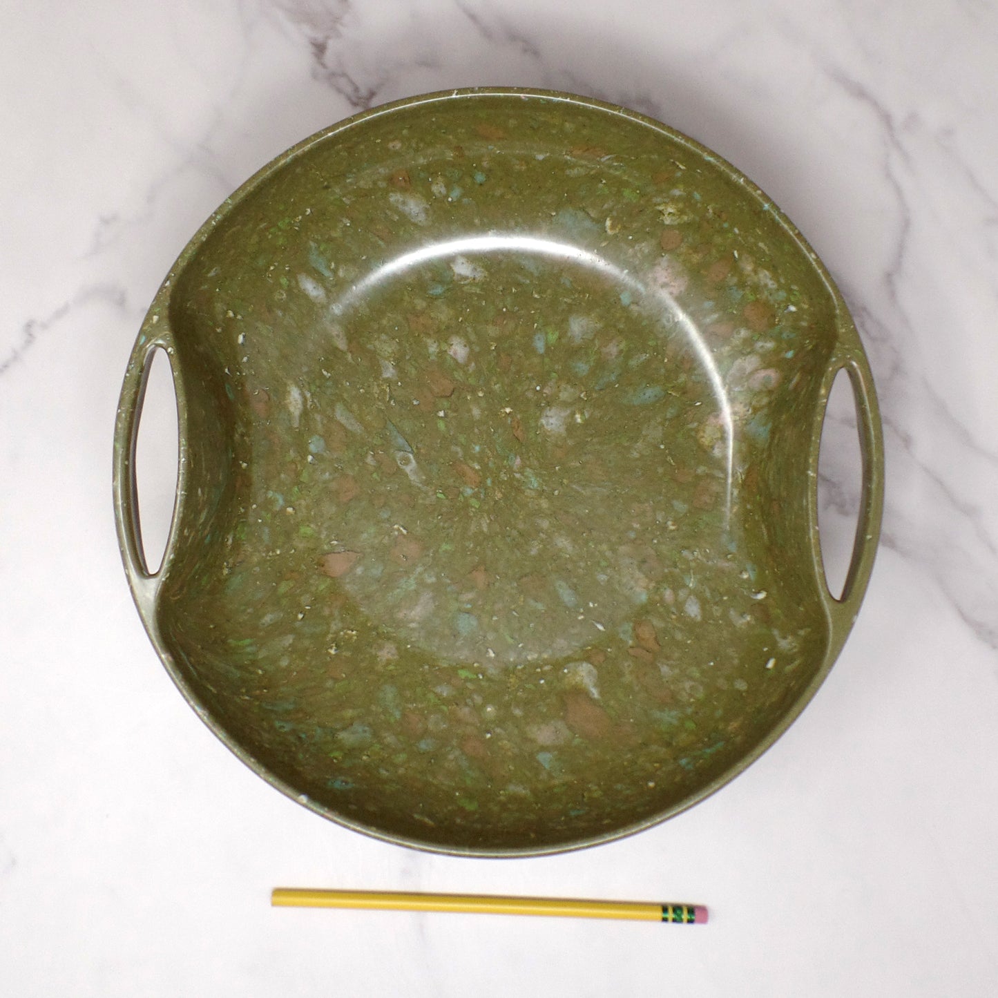 Vintage Aztec Melmac Round Handled Salad Serving Bowl, Olive Green Confetti (1960s)