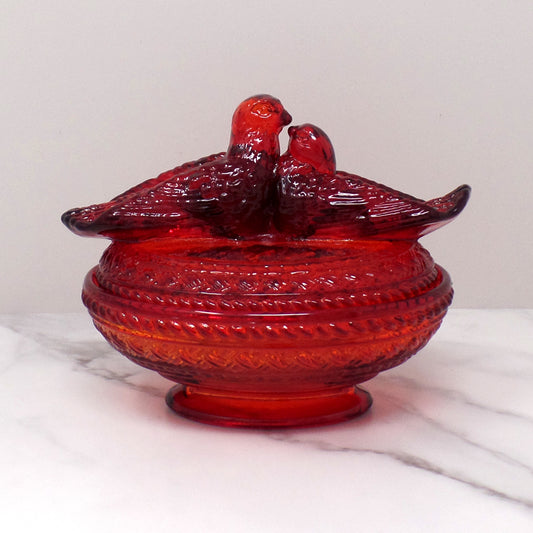 Vintage Viking Ruby Red Glass Lovebirds on Nest Candy Dish (1960s)