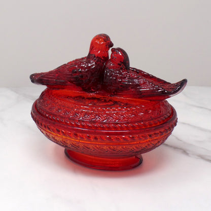 Vintage Viking Ruby Red Glass Lovebirds on Nest Candy Dish (1960s)