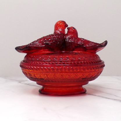 Vintage Viking Ruby Red Glass Lovebirds on Nest Candy Dish (1960s)