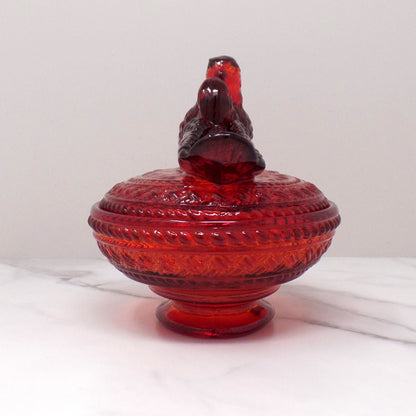 Vintage Viking Ruby Red Glass Lovebirds on Nest Candy Dish (1960s)