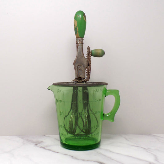 Vintage A & J Green Handled Egg Beater, 4 Cup Uranium Glass (1923)