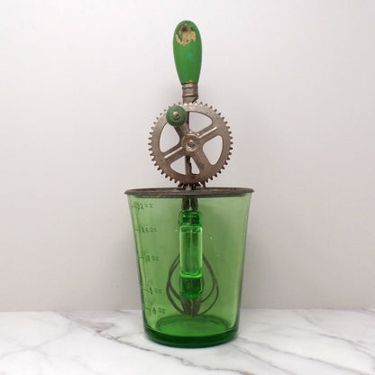 Vintage A & J Green Handled Egg Beater, 4 Cup Uranium Glass (1923)