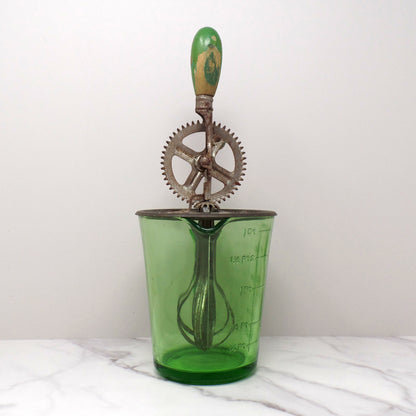 Vintage A & J Green Handled Egg Beater, 4 Cup Uranium Glass (1923)