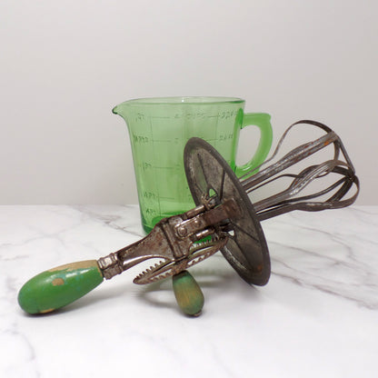Vintage A & J Green Handled Egg Beater, 4 Cup Uranium Glass (1923)