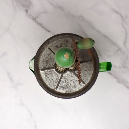 Vintage A & J Green Handled Egg Beater, 4 Cup Uranium Glass (1923)